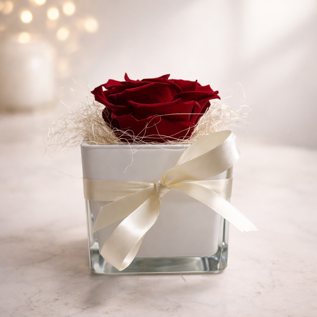 Rouge de Silence – Rosa Rossa Stabilizzata in Bicchiere in Vetro Bianco H14