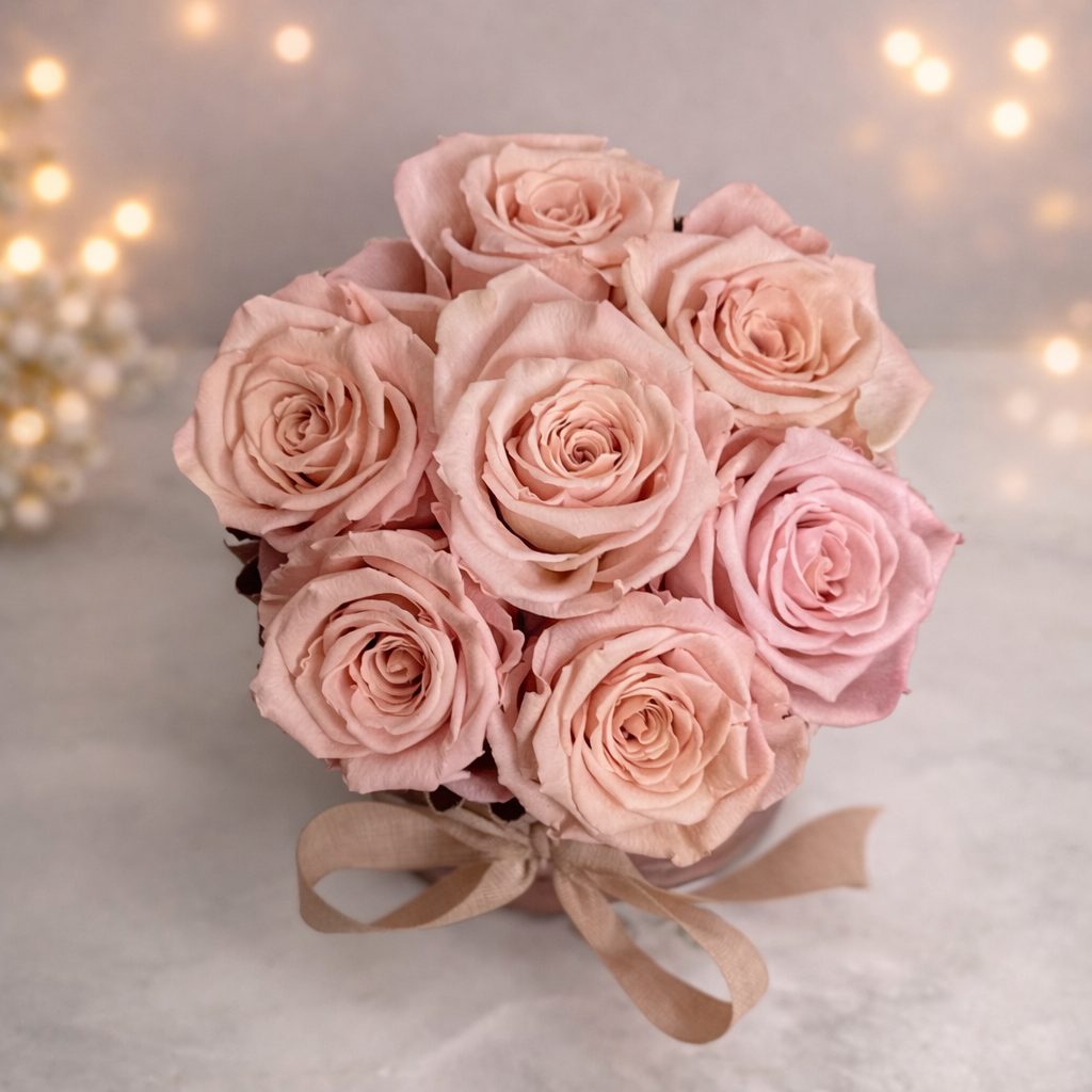 Rose de Velours Rosé – Flower Box con 7 Rose Stabilizzate Rosa e Coperchio in Velluto