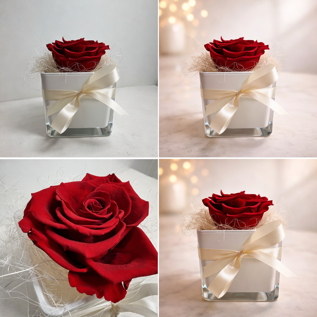 Rouge de Silence – Rosa Rossa Stabilizzata in Bicchiere in Vetro Bianco H14