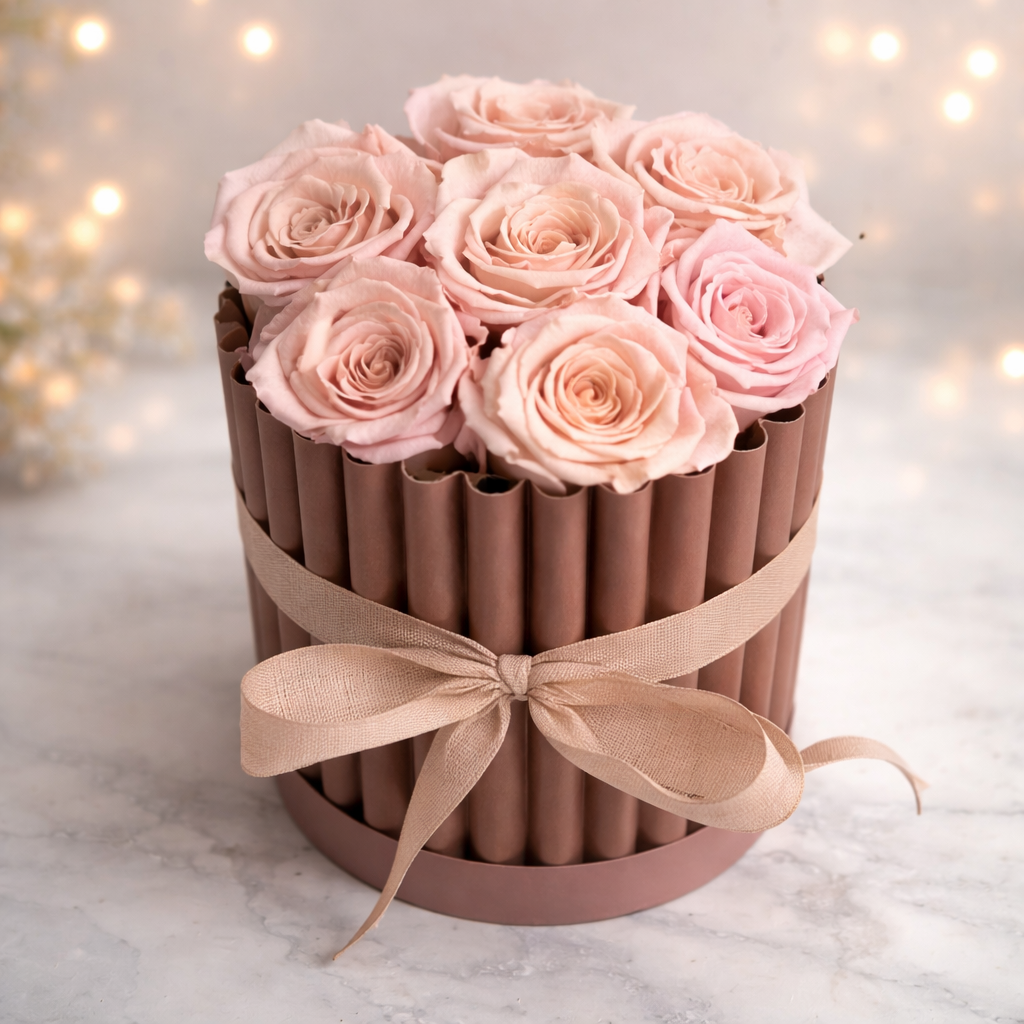 Rose de Velours Rosé – Flower Box con 7 Rose Stabilizzate Rosa e Coperchio in Velluto