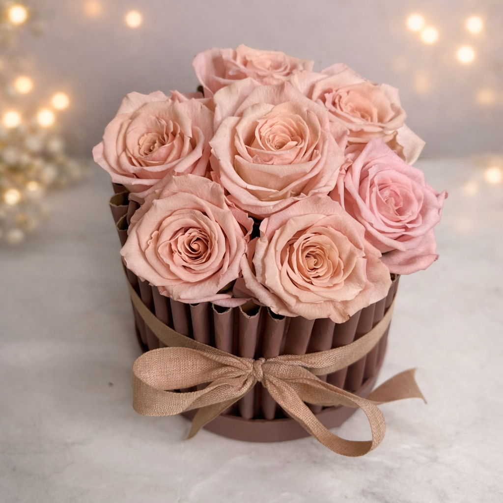Rose de Velours Rosé – Flower Box con 7 Rose Stabilizzate Rosa e Coperchio in Velluto
