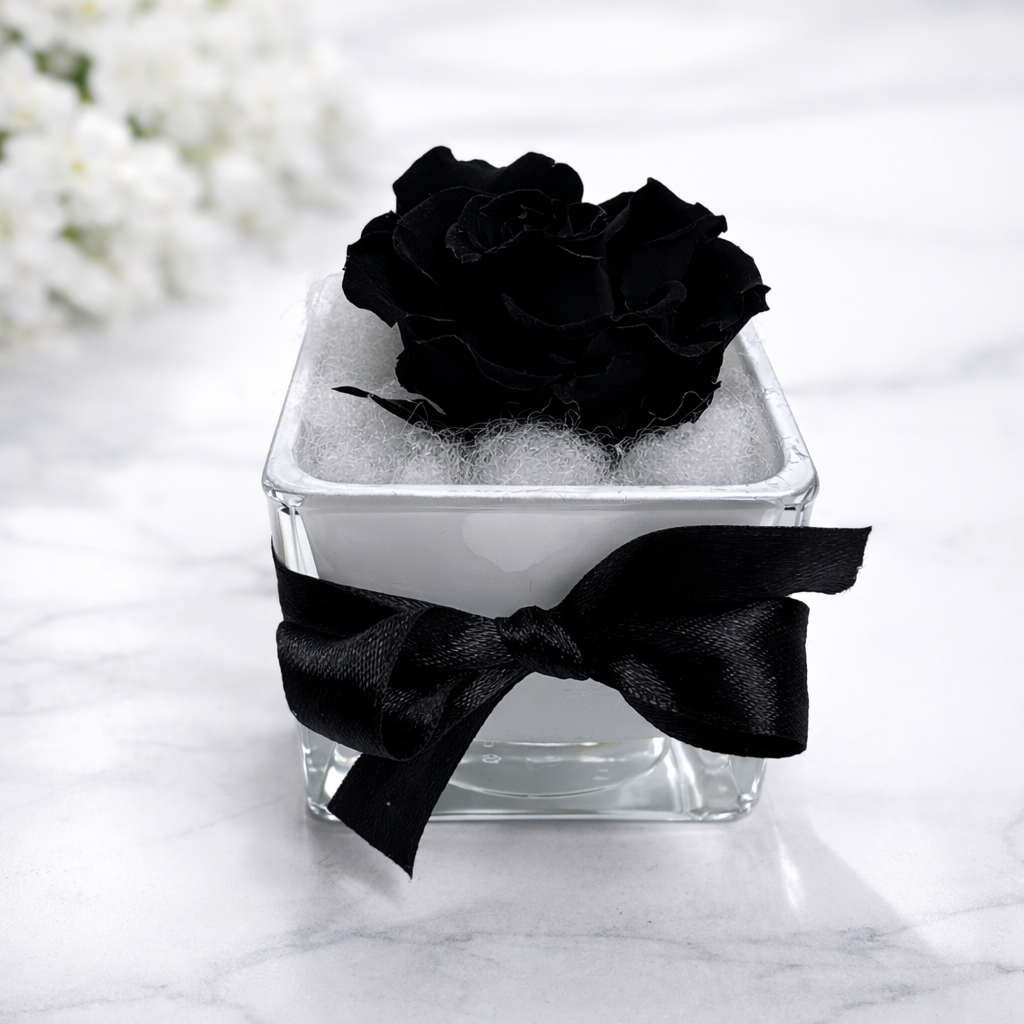 Noir Éternel – Mini Flower Box con Rosa Nera Stabilizzata in Bicchiere di Vetro