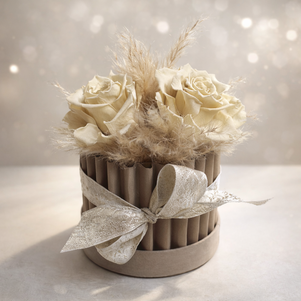 Nuance de Soie – Flower Box con 3 Rose Stabilizzate & Pampas | H18 Ø13