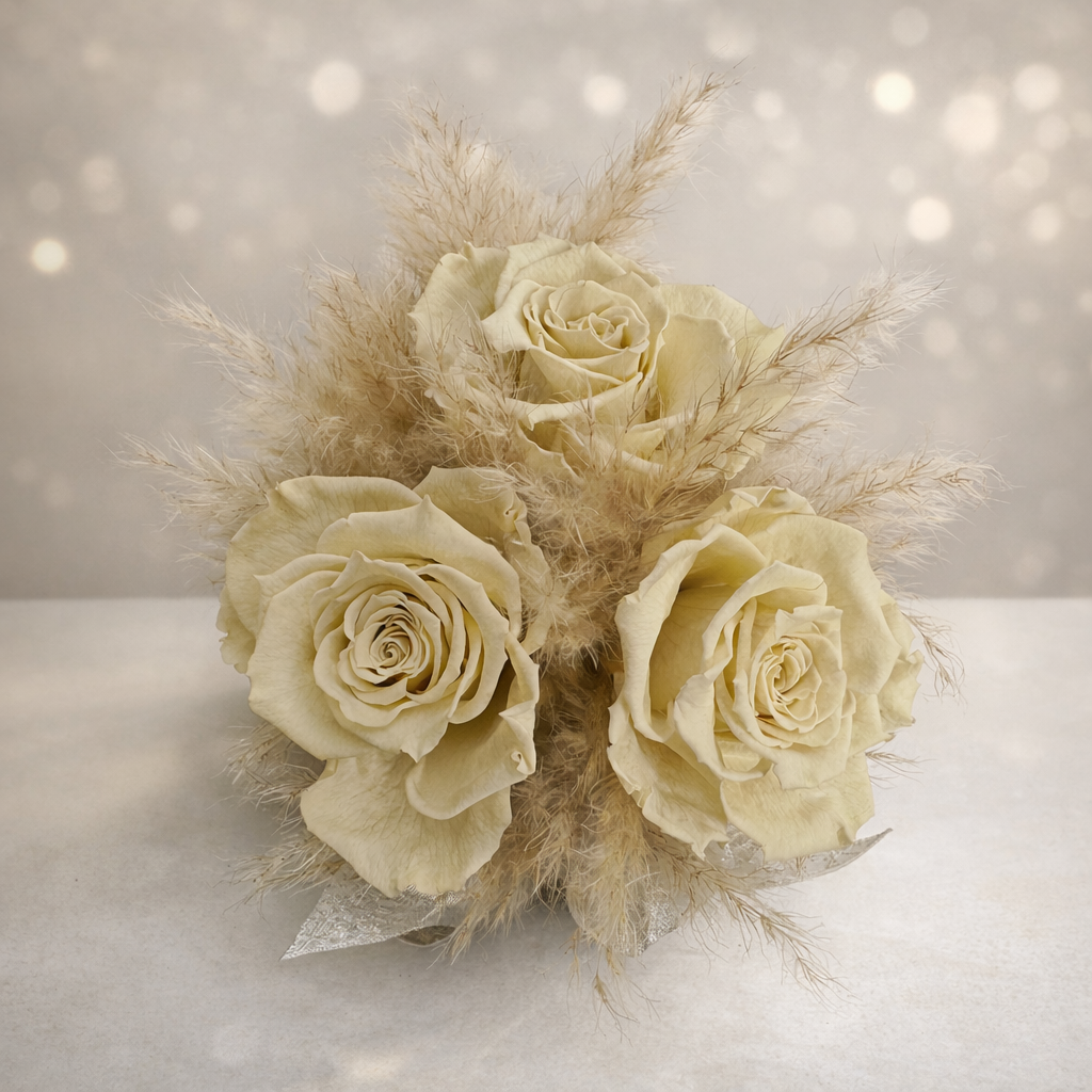 Nuance de Soie – Flower Box con 3 Rose Stabilizzate & Pampas | H18 Ø13