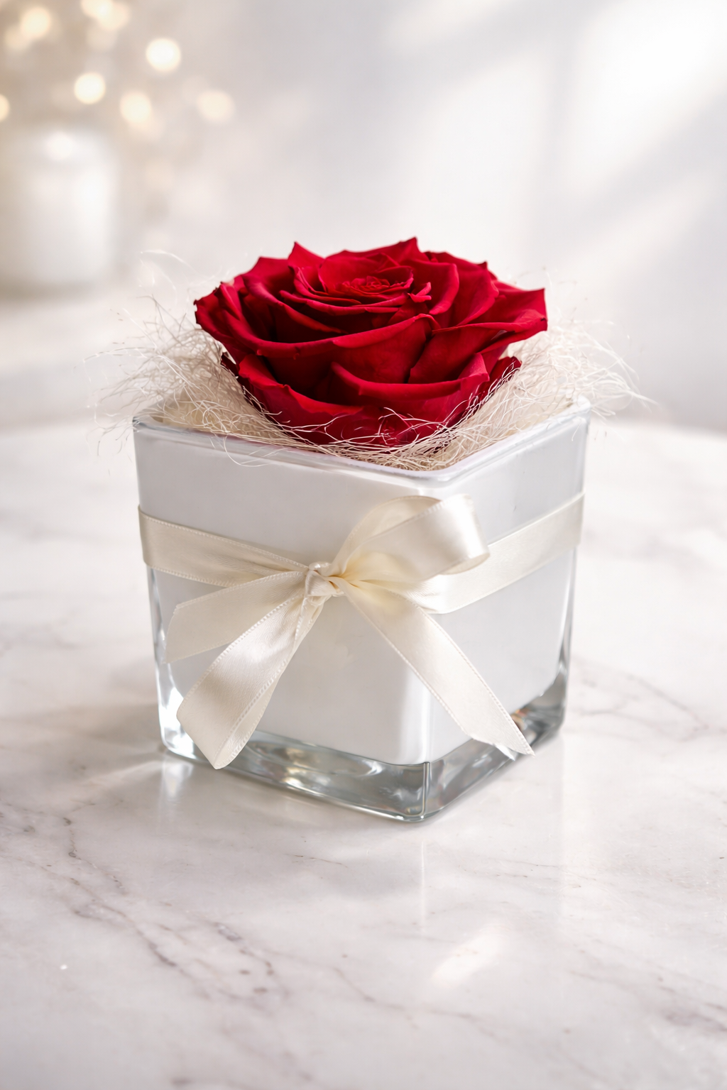 Rouge de Silence – Rosa Rossa Stabilizzata in Bicchiere in Vetro Bianco H14