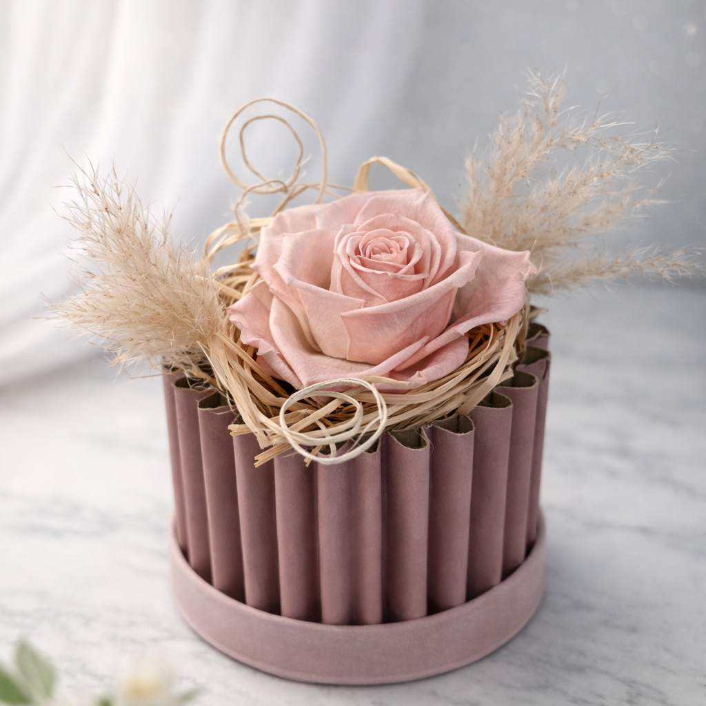 Nid d’Âme – Flower Box con Rosa Rosa Stabilizzata | H15 cm Ø13 cm